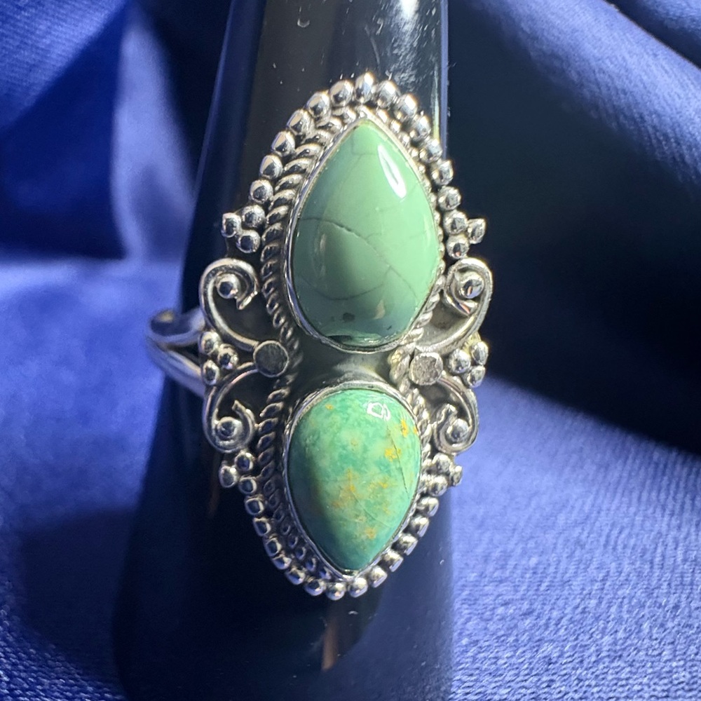 Sterling Silver Double Teardrop Turquoise Ring - Green Turquoise
